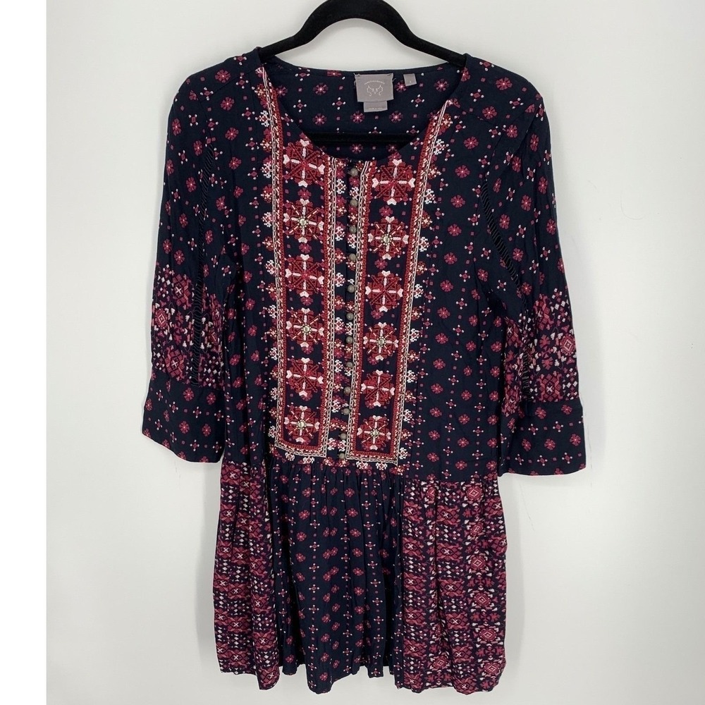 Vanessa Virginia for Anthropologie Navy Embroidered Beaded Boho Dress Small - Picture 2 of 7